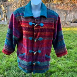 VTG Kathryn Deene Coat Colorful Wool w/ Suede Trim Toggle Coat Sz 14/16